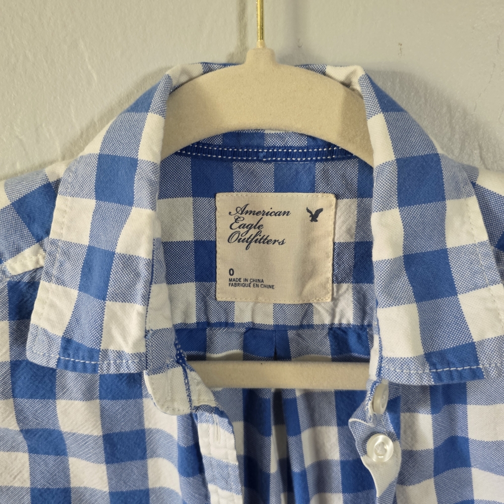 American Eagle Blue & White Plaid Button-Up Shirt β Size 0 β 100% Cotton Womens - Picture 8 of 16